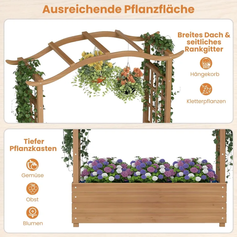 COSTWAY Blumenkasten mit Rankgitter & hängendem Dach, Pflanzkasten mit Rankhilfe & Einsatz, Hochbeet für Kletterpflanzen & hängende Körbe, für Hof Garten Terrasse, Holz, Braun, 110 x 40 x 124 cm – Bild 4