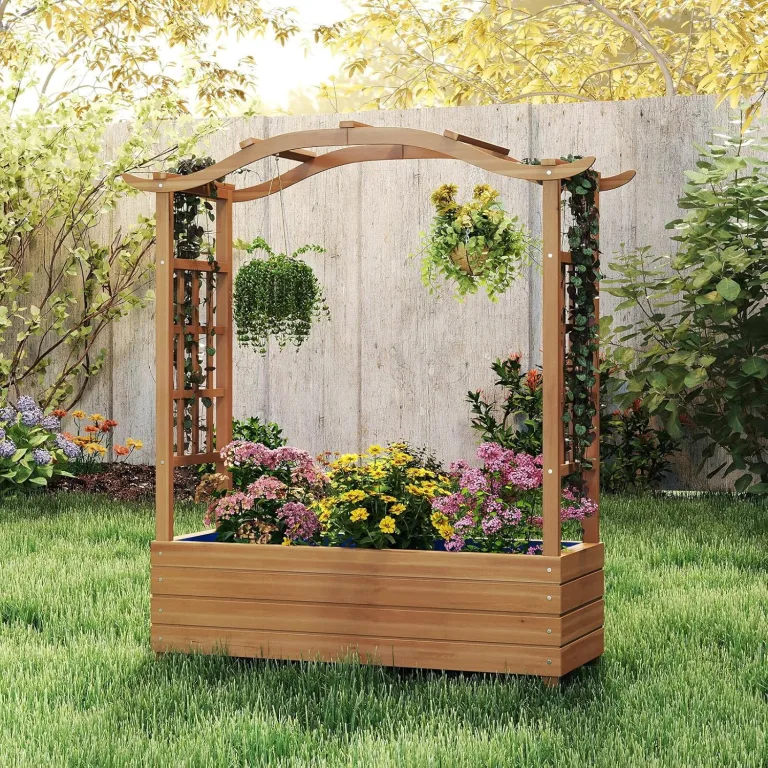 COSTWAY Blumenkasten mit Rankgitter & hängendem Dach, Pflanzkasten mit Rankhilfe & Einsatz, Hochbeet für Kletterpflanzen & hängende Körbe, für Hof Garten Terrasse, Holz, Braun, 110 x 40 x 124 cm – Bild 2