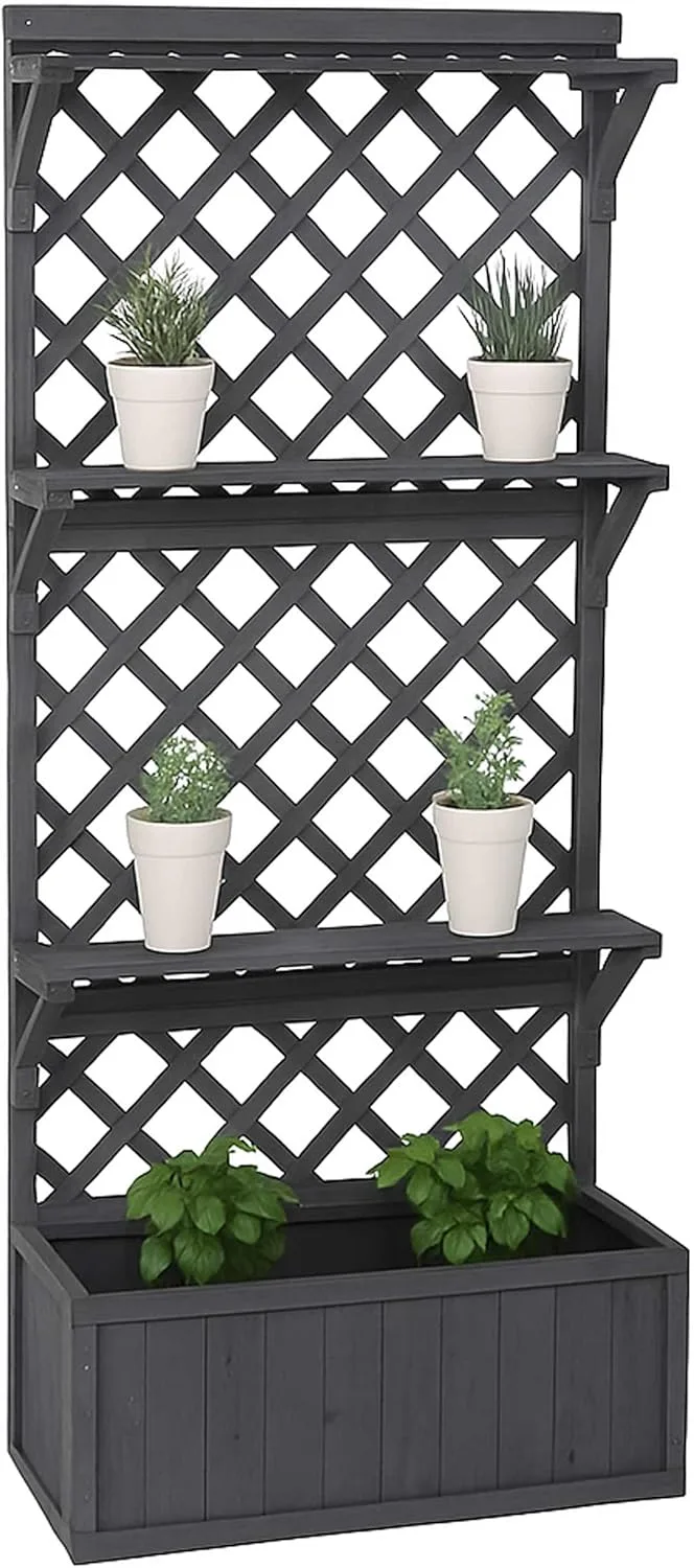Hochbeet HWC-P69, Pflanz-/Blumenkasten Pflanzkübel Rankgitter Spalier Ablagefläche Holz FSC® 177x77x33cm - anthrazit-grau - Bild 1
