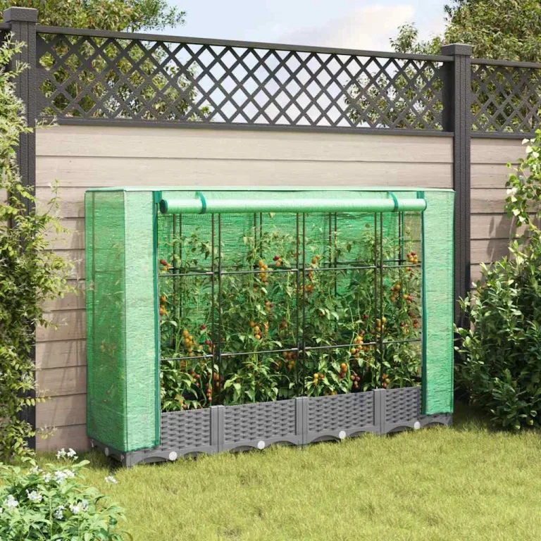Hommdiy Hochbeet mit Gewächshaus-Aufsatz Rattan-Optik 160x40x123 cm rattanoptik Pflanzkübel Blumenkübel Großer Blumentopf Outdoor Hellgrau – Bild 3