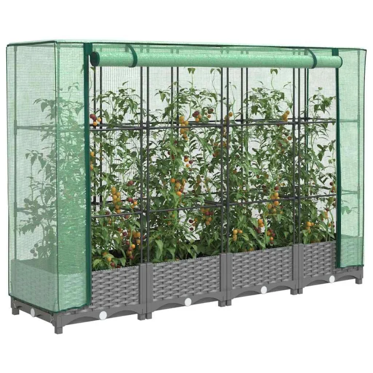 Hommdiy Hochbeet mit Gewächshaus-Aufsatz Rattan-Optik 160x40x123 cm rattanoptik Pflanzkübel Blumenkübel Großer Blumentopf Outdoor Hellgrau – Bild 1