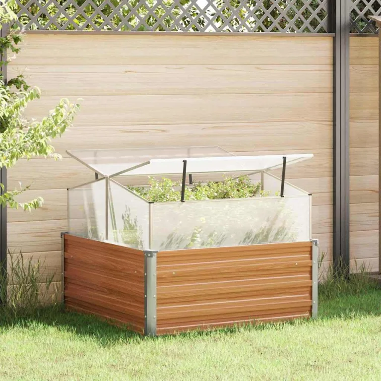 vidaXL Gartenpflanzer mit Gewächshaus Hellbraun 100 x 100 x 77 cm, Garten- und Terrassen-Planter, robuster Stahl, rechteckig, wetterfestes Industrie-Behälter – Bild 2