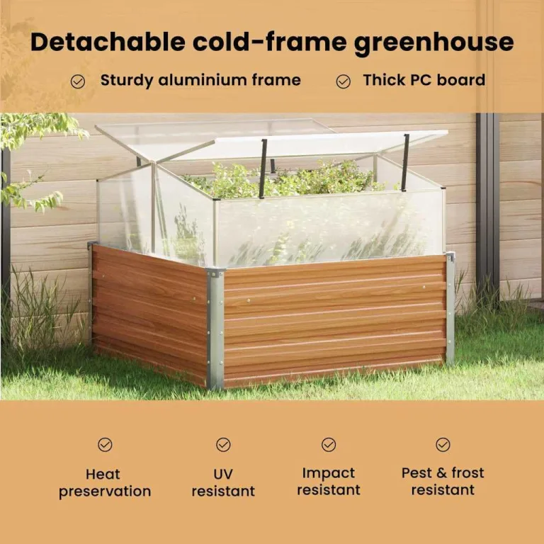 vidaXL Gartenpflanzer mit Gewächshaus Hellbraun 100 x 100 x 77 cm, Garten- und Terrassen-Planter, robuster Stahl, rechteckig, wetterfestes Industrie-Behälter – Bild 4