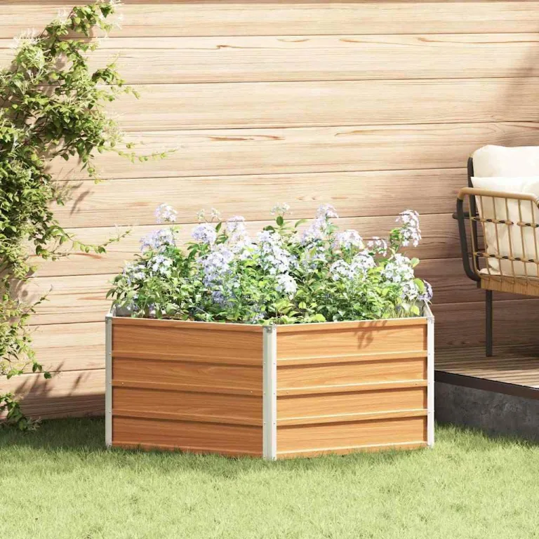vidaXL Hochbeet im Garten Holzoptik 129 x 129 x 45 cm Verzinkter Stahl, Sechseckiger Hochbeet-Kübel, robuster Metallgarten-Container, verzinkte Terrasse für städtisches Gärtnern, modernes Design – Bild 2
