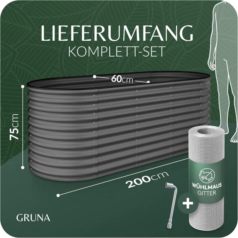GRUNA - Hochbeet Metall 200x60x75 cm I 6 in 1 Modular Hochbeete-Kit I 100% Rostfrei I Formstabil Dank Verstrebung I Hochbeete für Garten I Hochbeet Anthrazit (200x60x75) – Bild 2