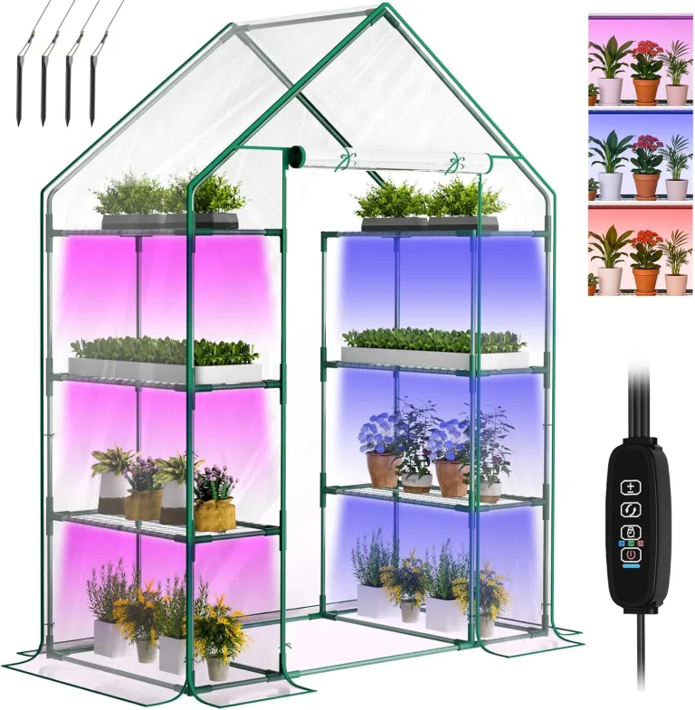 SUNYRISY Gewächshaus Klein mit Grow Lampe, Premium 4 Etagen Doppelt Tomatengewächshaus Foliengewächshaus mit LED Pflanzenlampe, Pflanzen überwinterungszelt Greenhouse für Balkon, Garten – Bild 1