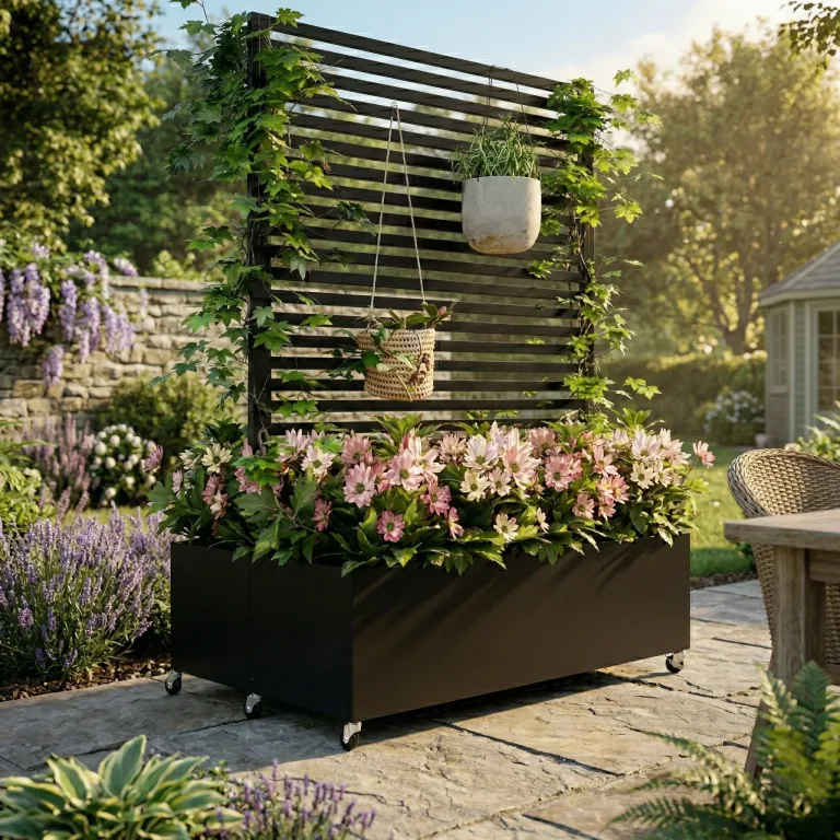 Hochbeet aus Metall mit Rad, Pflanzkasten aus Metall für den Außenbereich mit Spalier, freistehender Pflanzkasten mit Sichtschutz für den Außenbereich für Garten, Terrasse, Balkon – Bild 10
