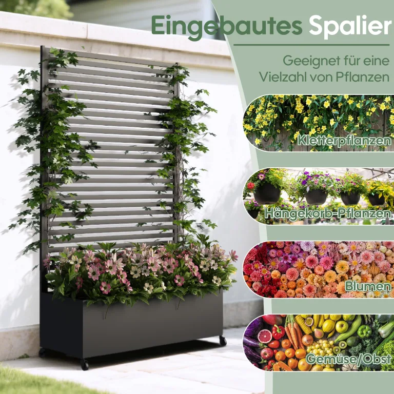 Hochbeet aus Metall mit Rad, Pflanzkasten aus Metall für den Außenbereich mit Spalier, freistehender Pflanzkasten mit Sichtschutz für den Außenbereich für Garten, Terrasse, Balkon – Bild 4