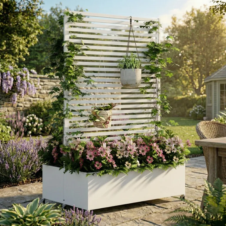 Hochbeet aus Metall mit Rad, Pflanzkasten aus Metall für den Außenbereich mit Spalier, freistehender Pflanzkasten mit Sichtschutz für den Außenbereich für Garten, Terrasse, Balkon – Bild 8