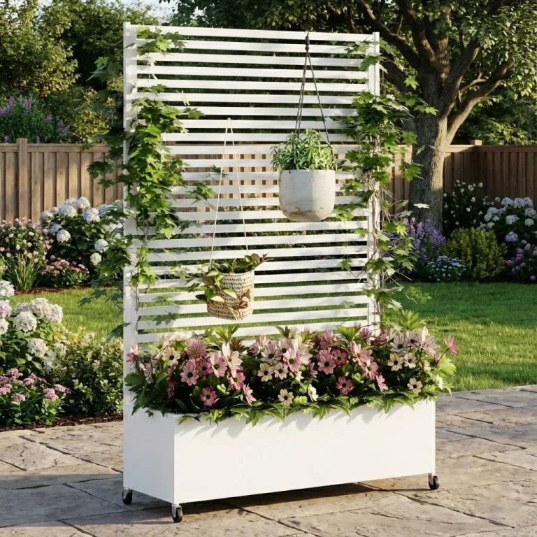 Hochbeet aus Metall mit Rad, Pflanzkasten aus Metall für den Außenbereich mit Spalier, freistehender Pflanzkasten mit Sichtschutz für den Außenbereich für Garten, Terrasse, Balkon – Bild 9