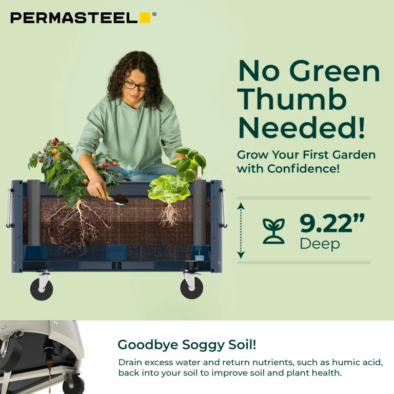 Permasteel selbstbewässerndes Gartenbeet, rollender Pflanztopf für Gemüse, Blumen, Kräuter und Obst, drinnen draußen, Laufräder, Blau – Bild 4