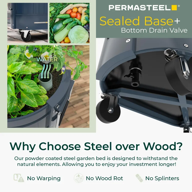 Permasteel selbstbewässerndes Gartenbeet, rollender Pflanztopf für Gemüse, Blumen, Kräuter und Obst, drinnen draußen, Laufräder, Blau – Bild 5