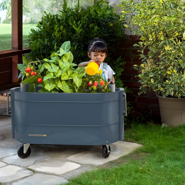 Permasteel selbstbewässerndes Gartenbeet, rollender Pflanztopf für Gemüse, Blumen, Kräuter und Obst, drinnen draußen, Laufräder, Blau – Bild 9