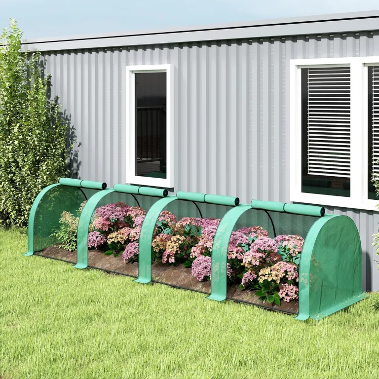 Outsunny Gewächshaus, Winterfest Foliengewächshaus mit aufrollbaren Reißverschlusstür Treibhaus aus Stahl, Tomatenhaus 395 x 100 x 80 cm, Tomatengewächshaus für Tomaten, Gemüse, Grün – Bild 9
