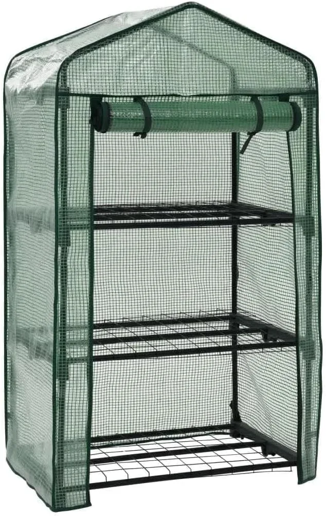 Gewächshaus mit 3 Ablagen, Faltbarer Begehbarer Technikraum mit Rolltür, Klein Tomatenhaus für Optimales Pflanzenwachstum, 69x49x125 cm Grün Polyethylen – Bild 1