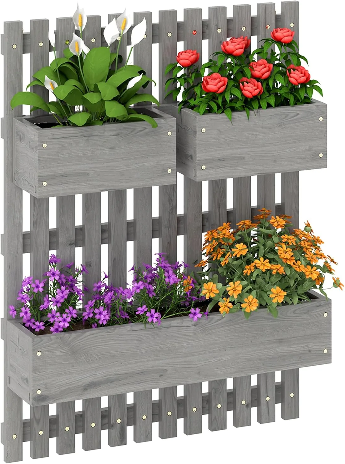 Outsunny Hochbeet Massivholz, Pflanzbeet Frühbeet Gartenbeet mit verstellbarem Blumenkasten, Wand, Pflanzkasten Pflanzkübel 60x16x80cm für Terrasse, Balkon, Gartenspalier für Blumen Pflanzen Grau - Bild 1