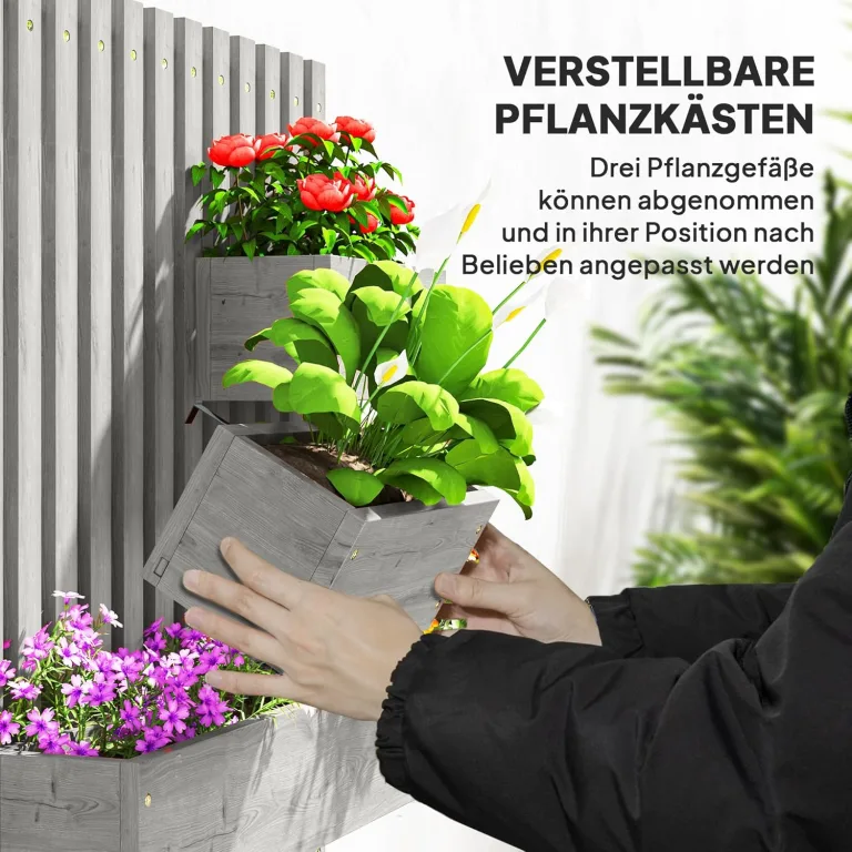 Outsunny Hochbeet Massivholz, Pflanzbeet Frühbeet Gartenbeet mit verstellbarem Blumenkasten, Wand, Pflanzkasten Pflanzkübel 60x16x80cm für Terrasse, Balkon, Gartenspalier für Blumen Pflanzen Grau – Bild 4