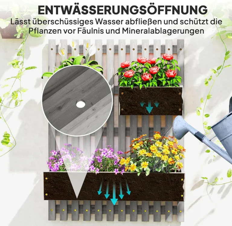 Outsunny Hochbeet Massivholz, Pflanzbeet Frühbeet Gartenbeet mit verstellbarem Blumenkasten, Wand, Pflanzkasten Pflanzkübel 60x16x80cm für Terrasse, Balkon, Gartenspalier für Blumen Pflanzen Grau – Bild 6