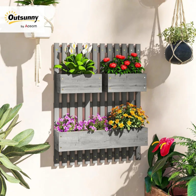 Outsunny Hochbeet Massivholz, Pflanzbeet Frühbeet Gartenbeet mit verstellbarem Blumenkasten, Wand, Pflanzkasten Pflanzkübel 60x16x80cm für Terrasse, Balkon, Gartenspalier für Blumen Pflanzen Grau – Bild 2