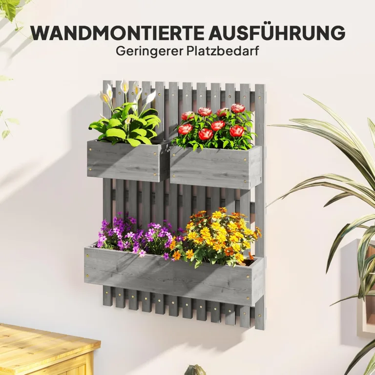 Outsunny Hochbeet Massivholz, Pflanzbeet Frühbeet Gartenbeet mit verstellbarem Blumenkasten, Wand, Pflanzkasten Pflanzkübel 60x16x80cm für Terrasse, Balkon, Gartenspalier für Blumen Pflanzen Grau – Bild 3
