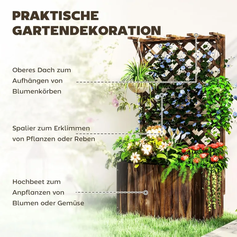 Outsunny Hochbeet Pflanzkasten mit Rankgitter Dach Spalier Pflanzkübel Blumenkasten Holz, Gartenspalier 64 x 33 x 122cm für Garten Balkon Terrasse, Blumenkübel für Kletterpflanzen Korbpflanzen, Blumen – Bild 4