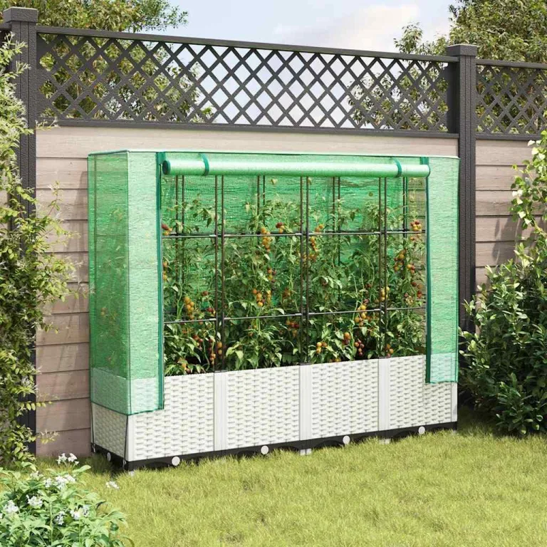 Hochbeet mit Gewächshaus Rattanoptik 160x40x138 cm PP-Eisen für Balkon Garten Terrasse Kräuter Gemüse platzsparend – Bild 3