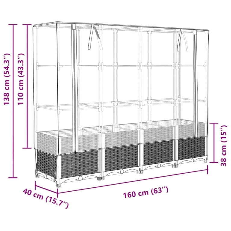 Hochbeet mit Gewächshaus Rattanoptik 160x40x138 cm PP-Eisen für Balkon Garten Terrasse Kräuter Gemüse platzsparend – Bild 9