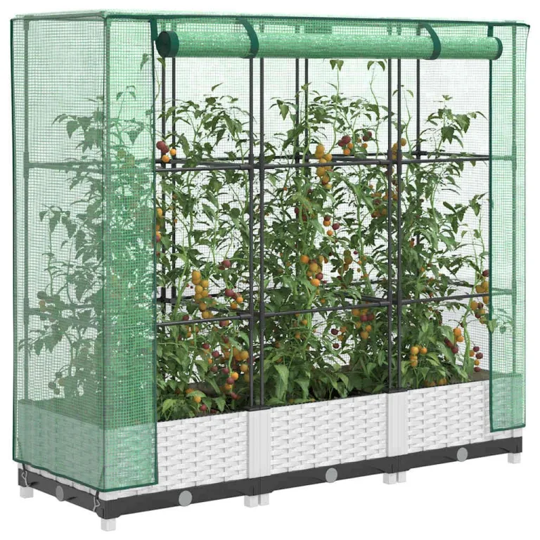 Hochbeet mit Gewächshaus-Aufsatz 120x40x123 cm, Stabiler Eisenrahmen, Rattan-Optik, weiÃŸ, platzsparendes Tomatenhaus, Kräuterbeet für Balkon, Terrasse und Garten – Bild 1
