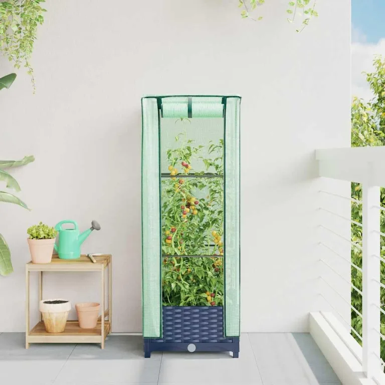 Hochbeet mit Gewächshaus-Aufsatz Rattan-Optik 40x40x123 cm aus Eisen und PP Robustes Blaugraues Gartenbeet mit ReiÃŸverschluss-Belüftung für Balkon Terrasse und kleine Flächen – Bild 3