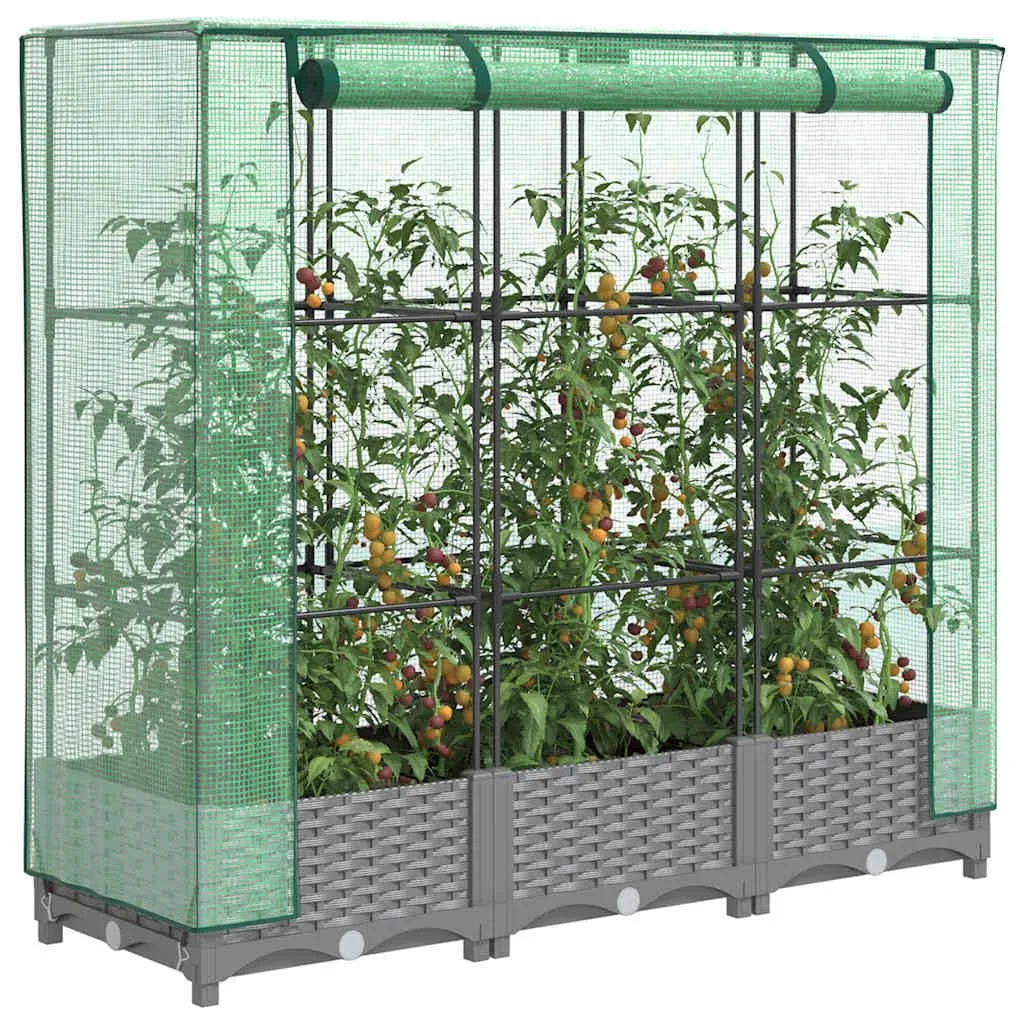 Hochbeet mit Gewächshausaufsatz 120x40x123 cm, PP mit Eisenrahmen, Rattan-Optik hellgrau, wetterfest für Balkon, Terrasse, Garten - Bild 1