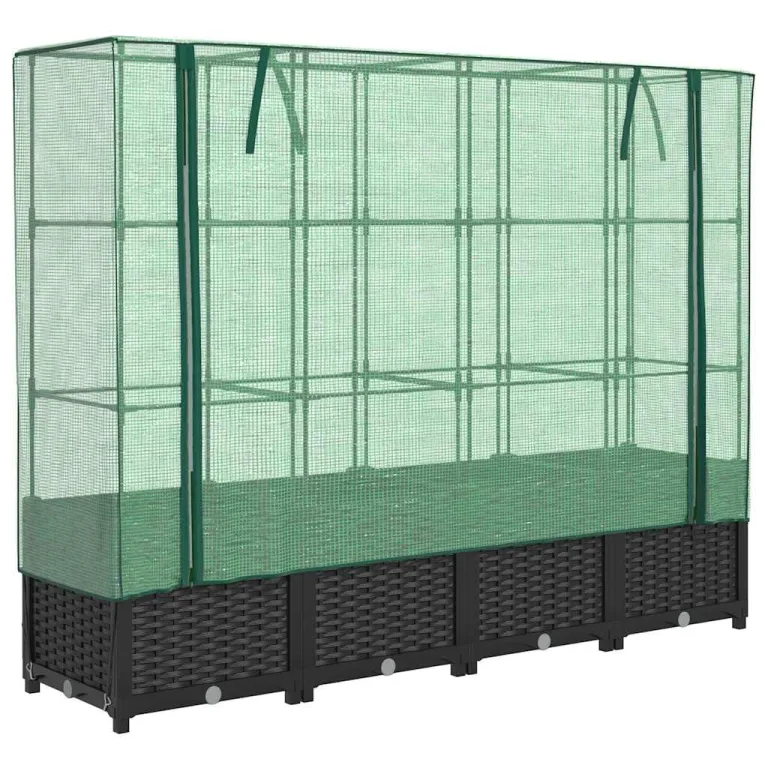 Hochbeet mit Gewächshausabdeckung 160x40x138 cm Schwarz Rattanoptik, Stabiler Eisenrahmen, wasserabweisendes PE Dach, ReiÃŸverschlusslüftung, platzsparend für Balkon Terrasse Garten – Bild 2