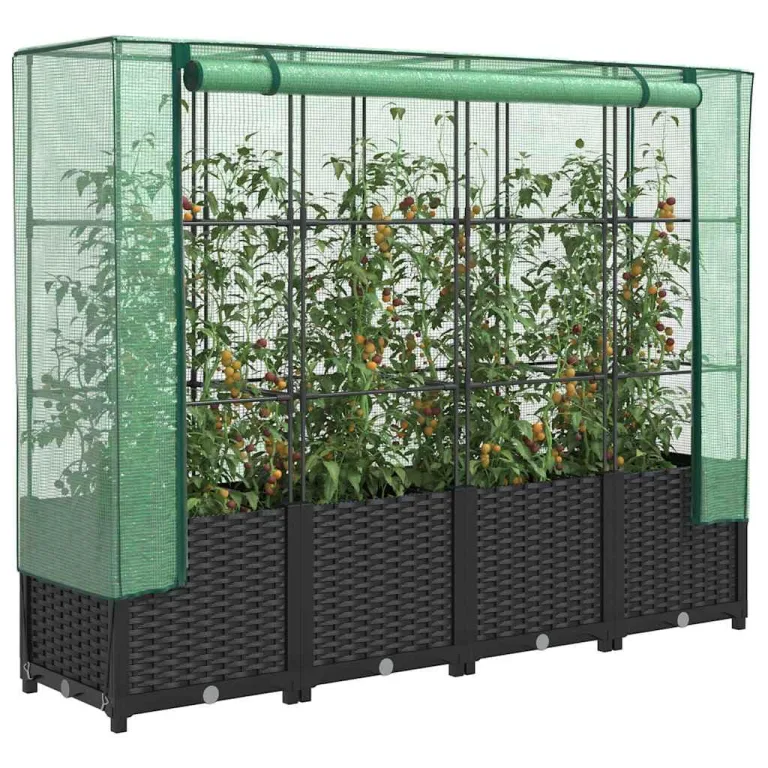 Hochbeet mit Gewächshausabdeckung 160x40x138 cm Schwarz Rattanoptik, Stabiler Eisenrahmen, wasserabweisendes PE Dach, ReiÃŸverschlusslüftung, platzsparend für Balkon Terrasse Garten – Bild 1
