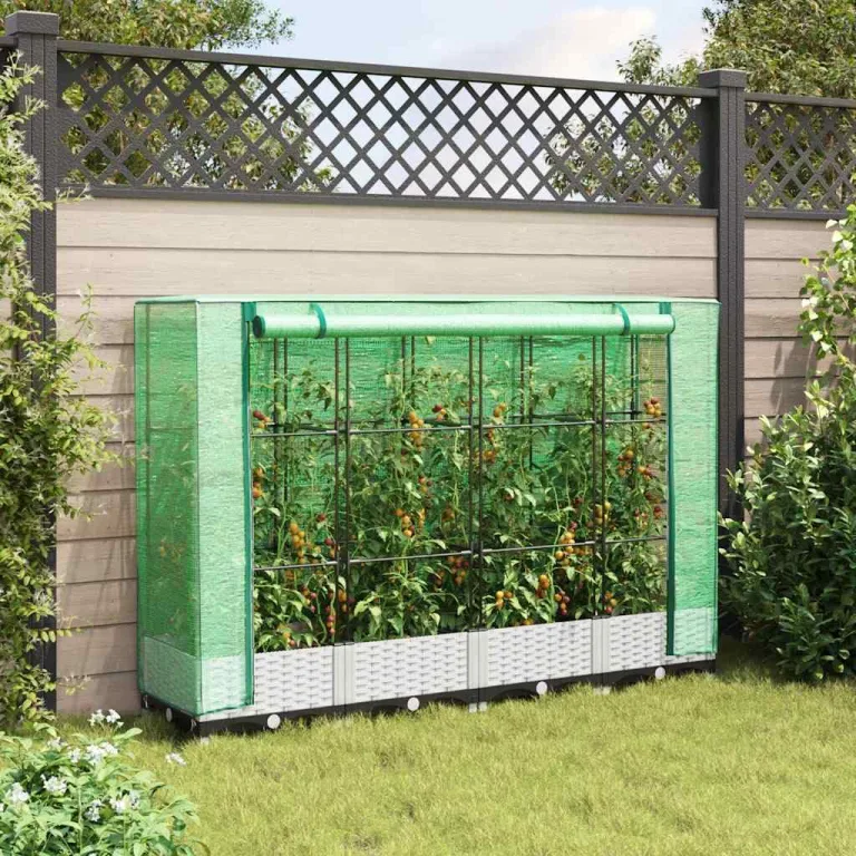 Hochbeet 160x40x123 cm weiÃŸ mit Gewächshaus Frühbeetaufsatz Rattanoptik aus robustem Polypropylen und Eisenrahmen platzsparendes Pflanzkübel für Garten Balkon Terrasse – Bild 3