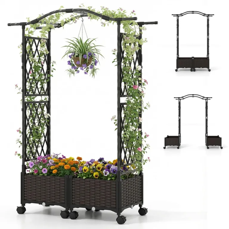 COSTWAY Blumenkasten mit Rankgitter & hängendem Dach, 2 in 1 Rosenbogen mit 2 Pflanzkästen, Gartenbogen auf Rollen, Metall und PP, Rankkasten mit Spalier für Kletterpflanzen, Gartenspalier (Braun) – Bild 1