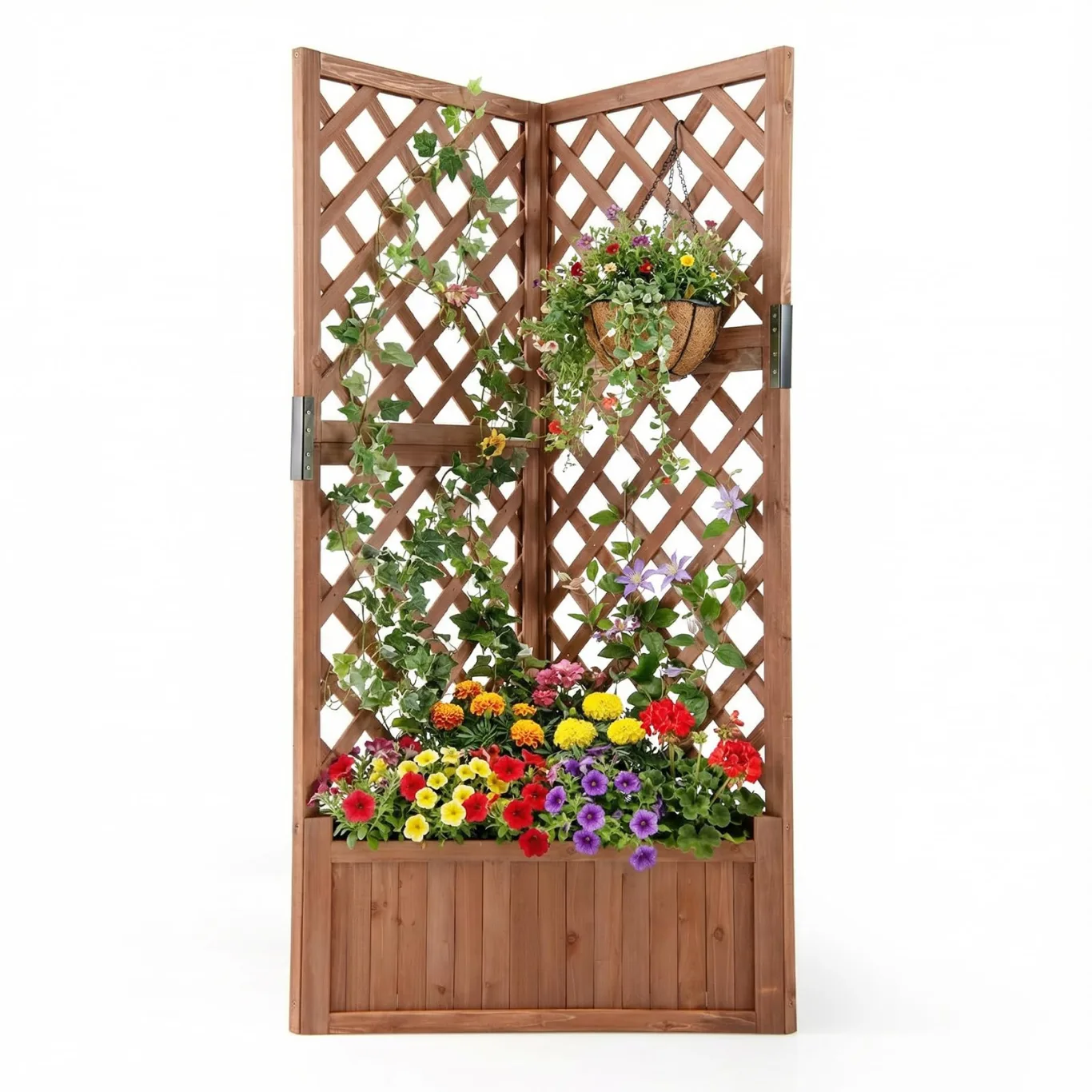COSTWAY Blumenkasten mit Rankgitter, Pflanzkasten Eck aus Holz, Pflanzkübel mit Sichtschutz, Hochbeet mit Spalier & Drainageloch, Blumenkübel für Kletterpflanzen Garten Hof Balkon, 55x55x140 cm, Braun - Bild 1