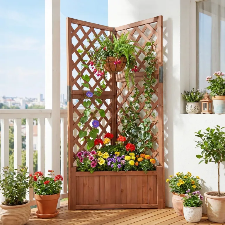 COSTWAY Blumenkasten mit Rankgitter, Pflanzkasten Eck aus Holz, Pflanzkübel mit Sichtschutz, Hochbeet mit Spalier & Drainageloch, Blumenkübel für Kletterpflanzen Garten Hof Balkon, 55x55x140 cm, Braun – Bild 2