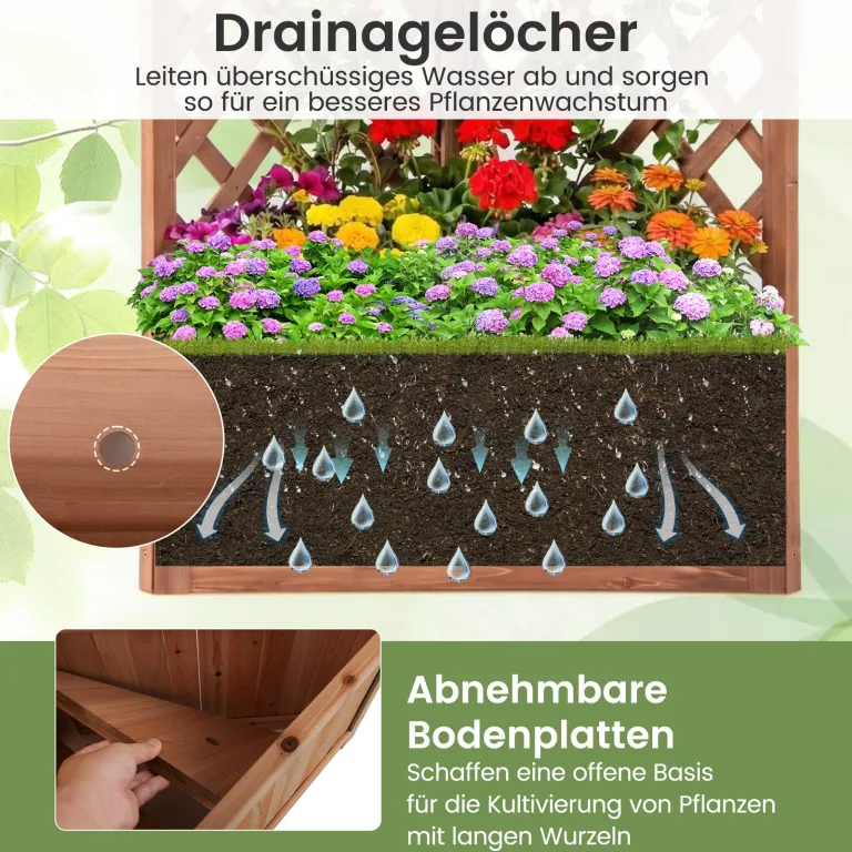 COSTWAY Blumenkasten mit Rankgitter, Pflanzkasten Eck aus Holz, Pflanzkübel mit Sichtschutz, Hochbeet mit Spalier & Drainageloch, Blumenkübel für Kletterpflanzen Garten Hof Balkon, 55x55x140 cm, Braun – Bild 4
