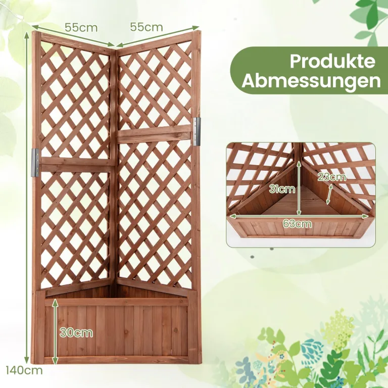 COSTWAY Blumenkasten mit Rankgitter, Pflanzkasten Eck aus Holz, Pflanzkübel mit Sichtschutz, Hochbeet mit Spalier & Drainageloch, Blumenkübel für Kletterpflanzen Garten Hof Balkon, 55x55x140 cm, Braun – Bild 6