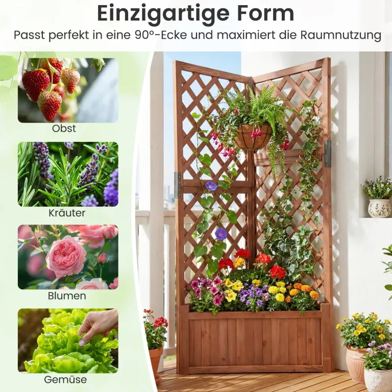 COSTWAY Blumenkasten mit Rankgitter, Pflanzkasten Eck aus Holz, Pflanzkübel mit Sichtschutz, Hochbeet mit Spalier & Drainageloch, Blumenkübel für Kletterpflanzen Garten Hof Balkon, 55x55x140 cm, Braun – Bild 7