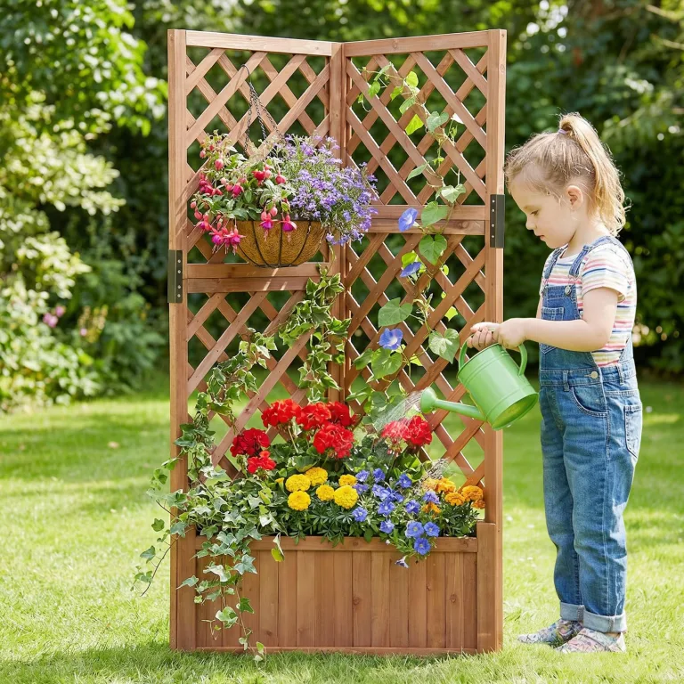 COSTWAY Blumenkasten mit Rankgitter, Pflanzkasten Eck aus Holz, Pflanzkübel mit Sichtschutz, Hochbeet mit Spalier & Drainageloch, Blumenkübel für Kletterpflanzen Garten Hof Balkon, 55x55x140 cm, Braun – Bild 8