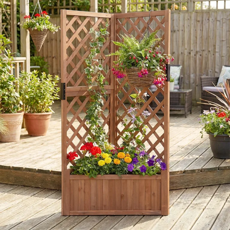 COSTWAY Blumenkasten mit Rankgitter, Pflanzkasten Eck aus Holz, Pflanzkübel mit Sichtschutz, Hochbeet mit Spalier & Drainageloch, Blumenkübel für Kletterpflanzen Garten Hof Balkon, 55x55x140 cm, Braun – Bild 9