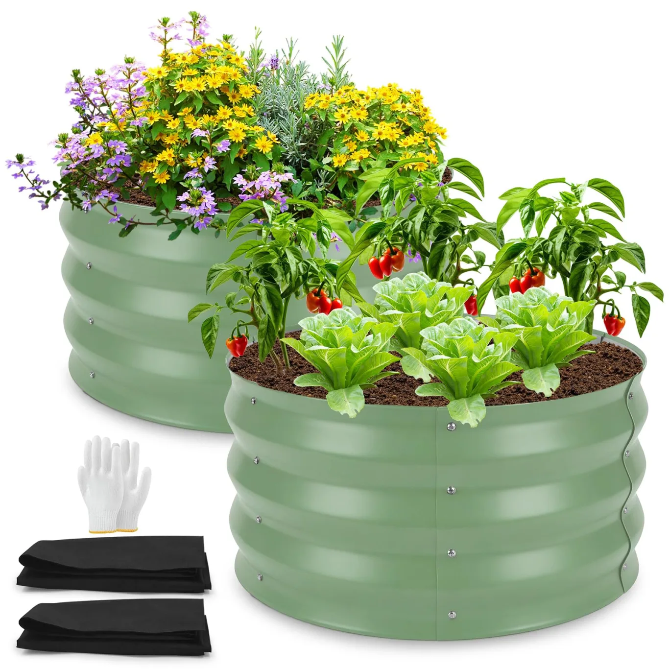 Rundes Hochbeet aus Metall, 2er Set, 60 x 60 x 30 cm, mit Pflanzvlies, Pflanzbeet für Blumen, Kräuter und Gemüse, für Balkon, Terrasse und Garten(Salbeigrün - Bild 1