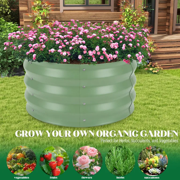 Rundes Hochbeet aus Metall, 2er Set, 60 x 60 x 30 cm, mit Pflanzvlies, Pflanzbeet für Blumen, Kräuter und Gemüse, für Balkon, Terrasse und Garten（Salbeigrün – Bild 5