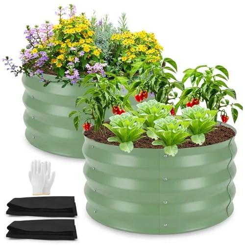 Rundes Hochbeet aus Metall, 2er Set, 60 x 60 x 30 cm, mit Pflanzvlies, Pflanzbeet für Blumen, Kräuter und Gemüse, für Balkon, Terrasse und Garten（Salbeigrün – Bild 8