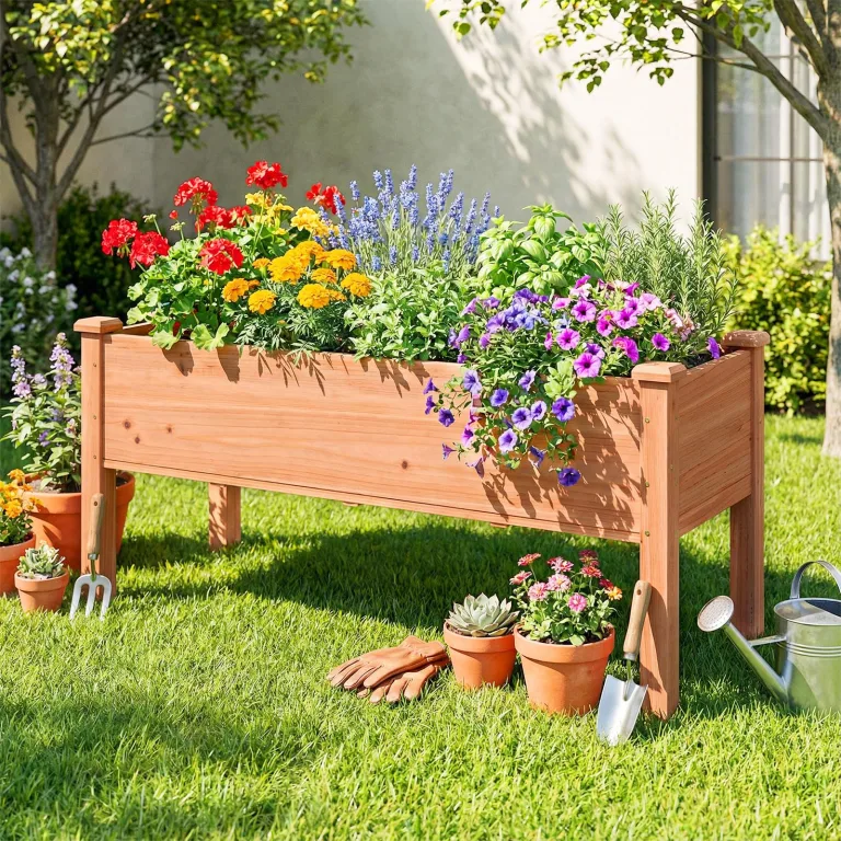 COSTWAY Hochbeet aus Holz, Pflanzbeet für Kinder, 120x43,5x51cm, Pflanztrog belastbar bis 100 kg, Blumenkübel mit Ablauflöchern, Kräuterbeet rechteckig, Anzuchtbeet Garten Terrasse Balkon, Orange – Bild 9