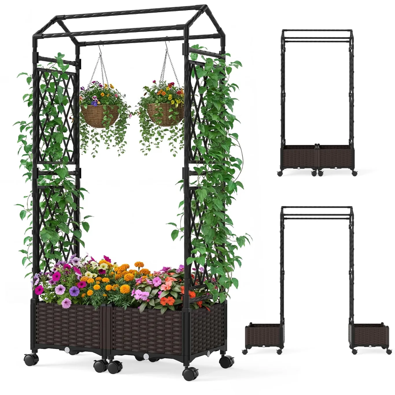 COSTWAY Blumenkasten mit Rankgitter & hängendem Dach, 163 cm, 2 in 1 Rosenbogen mit 2 Pflanzkästen, Gartenbogen auf Rollen, Metall & PP-Rattan, Rankkasten mit Spalier, für Kletterpflanzen (Braun) - Bild 1