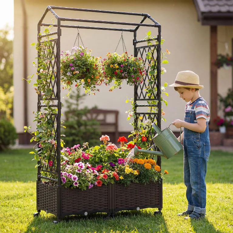 COSTWAY Blumenkasten mit Rankgitter & hängendem Dach, 163 cm, 2 in 1 Rosenbogen mit 2 Pflanzkästen, Gartenbogen auf Rollen, Metall & PP-Rattan, Rankkasten mit Spalier, für Kletterpflanzen (Braun) – Bild 2