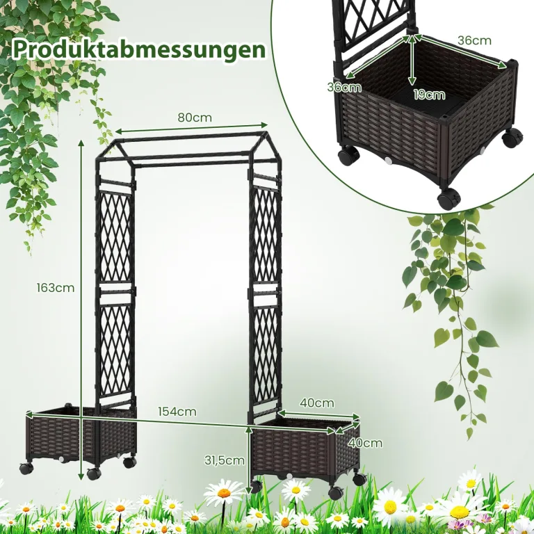 COSTWAY Blumenkasten mit Rankgitter & hängendem Dach, 163 cm, 2 in 1 Rosenbogen mit 2 Pflanzkästen, Gartenbogen auf Rollen, Metall & PP-Rattan, Rankkasten mit Spalier, für Kletterpflanzen (Braun) – Bild 3