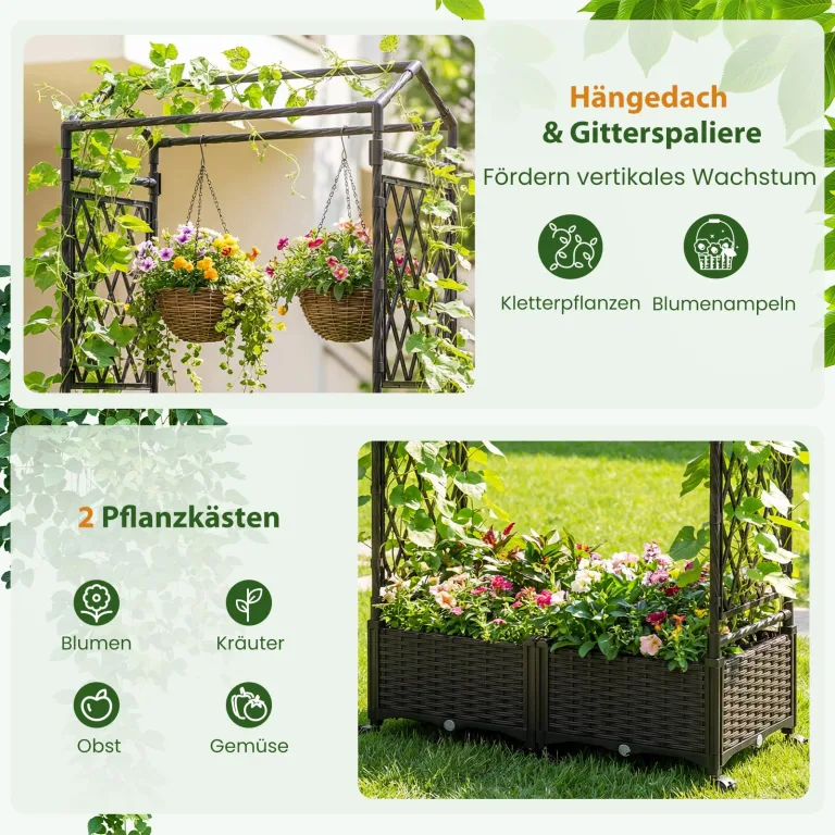 COSTWAY Blumenkasten mit Rankgitter & hängendem Dach, 163 cm, 2 in 1 Rosenbogen mit 2 Pflanzkästen, Gartenbogen auf Rollen, Metall & PP-Rattan, Rankkasten mit Spalier, für Kletterpflanzen (Braun) – Bild 4