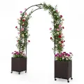 COSTWAY Blumenkasten mit Rankgitter & hängendem Dach, 163 cm, 2 in 1 Rosenbogen mit 2 Pflanzkästen, Gartenbogen auf Rollen, Metall & PP-Rattan, Rankkasten mit Spalier, für Kletterpflanzen (Braun) - Thumbnail 10